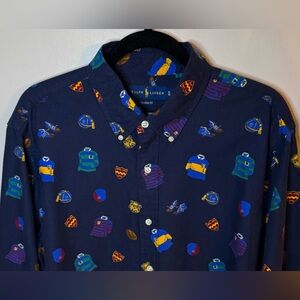 Rare Ralph Lauren Button Down Logo Pattern Navy Long Sleeve  Classic Fit Shirt.